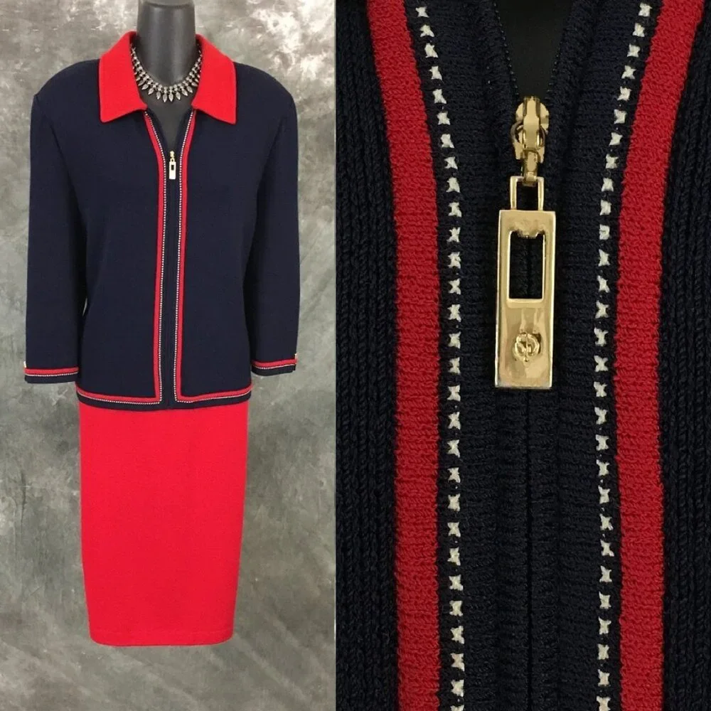 BEAUTIFUL st john collection knit blue red multi jacket skirt suit size 14 - Picture 1 of 9